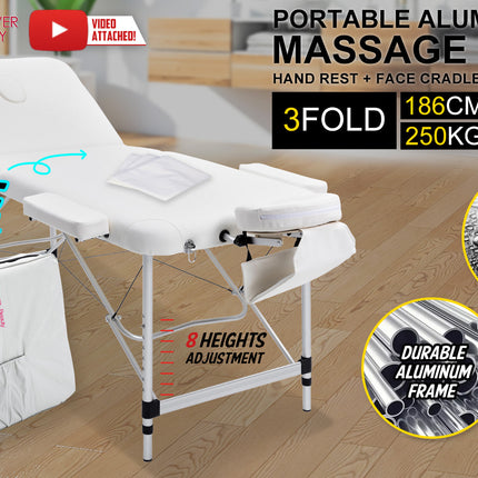 Aluminium Portable Beauty Massage Table Bed 3 Fold 70cm White.