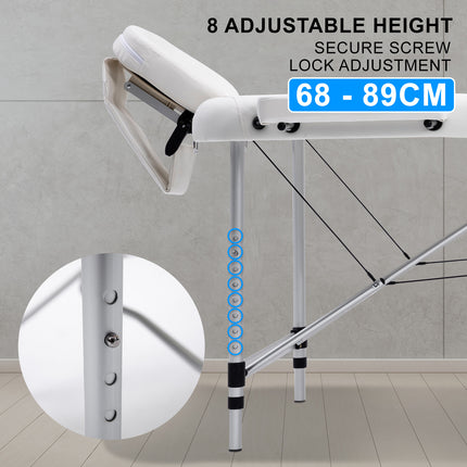 Aluminium Portable Beauty Massage Table Bed 3 Fold 70cm White.