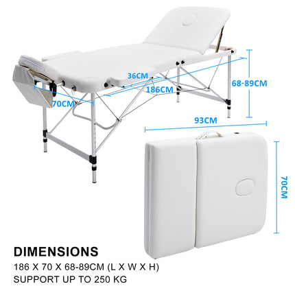 Aluminium Portable Beauty Massage Table Bed 3 Fold 70cm White.