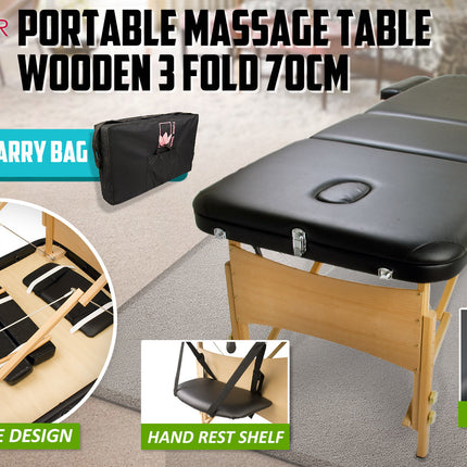 Wooden Portable Massage Table Bed 3 Fold 70cm BLACK.