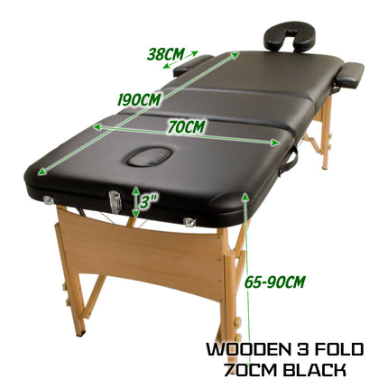 Wooden Portable Massage Table Bed 3 Fold 70cm BLACK.