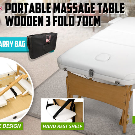 Wooden Portable Beauty Massage Table Bed 3 Fold 70cm WHITE.