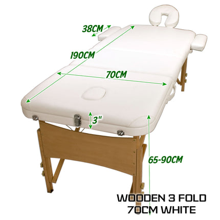 Wooden Portable Beauty Massage Table Bed 3 Fold 70cm WHITE.