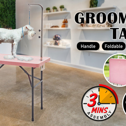 Paw Mate Pet Grooming Salon Table 97cm Adjustable Foldable Mobile Dog Cat for Commercial PINK.