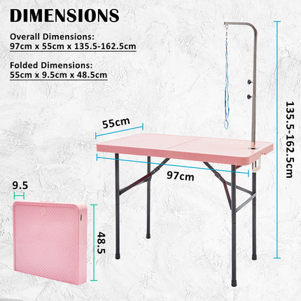 Paw Mate Pet Grooming Salon Table 97cm Adjustable Foldable Mobile Dog Cat for Commercial PINK.