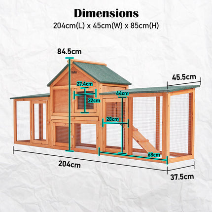 Rabbit Hutch Chicken Coop 204 x 45 x 85cm 2 Storey Cage Mansion.