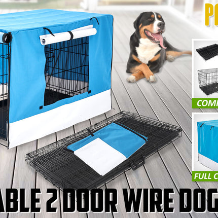 Wire Dog Cage Foldable Crate Kennel 36in with Tray + BLUE Cover Combo.