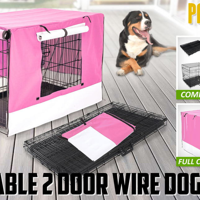 Wire Dog Cage Foldable Crate Kennel 42in with Tray + PINK Cover Combo.