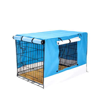 Wire Dog Cage Crate 24in with Tray + Cushion Mat + BLUE Cover Combo.