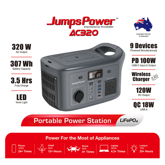 320W Portable Power Station JumpsPower Wireless Battery Charger 307Wh LED Light.