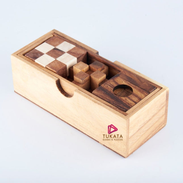 3 individual brainteaser wooden puzzles in a gift wooden box.