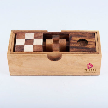 3 individual brainteaser wooden puzzles in a gift wooden box.