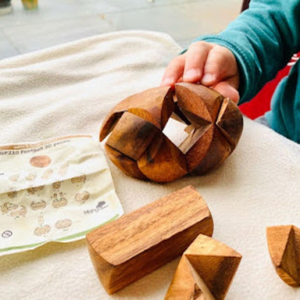 Brain teaser puzzle 3D hand made - Football round natural wood for kids or adults.