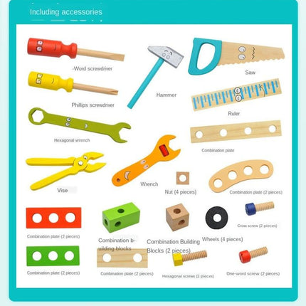 Children's pretend play build fix wood Toolbox Toy, Carpenter Traddie Set For toddlers and kids.