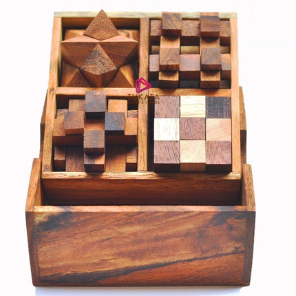 4 individual brainteaser wooden puzzles in a gift wooden box.