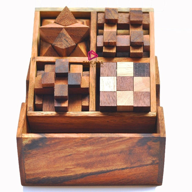 4 individual brainteaser wooden puzzles in a gift wooden box.