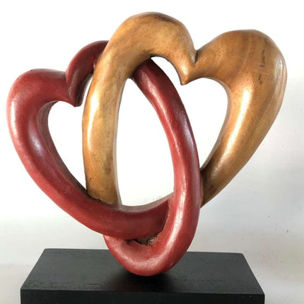Heart Love Wood Carving Wood Sculpture Acacia Wooden Statue Heart in red 22cm.