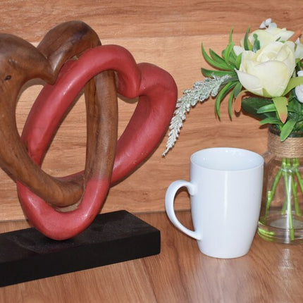 Heart Love Wood Carving Wood Sculpture Acacia Wooden Statue Heart in red 22cm.