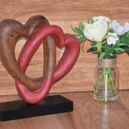 Heart Love Wood Carving Wood Sculpture Acacia Wooden Statue Heart in red 22cm.
