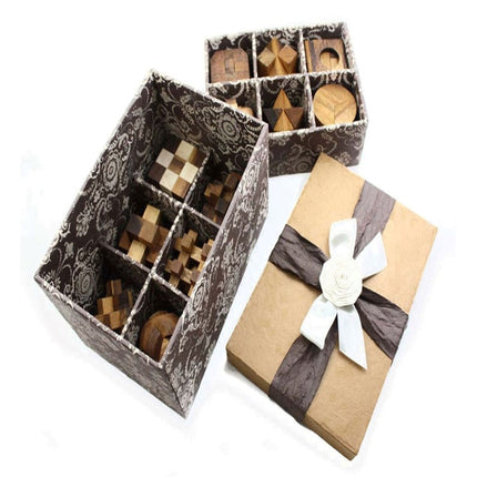 12 Puzzle Brain teaser interlocking wooden Puzzle set in a Deluxe Gift Box -for kids or adults.