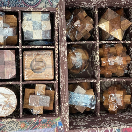 12 Puzzle Brain teaser interlocking wooden Puzzle set in a Deluxe Gift Box -for kids or adults.