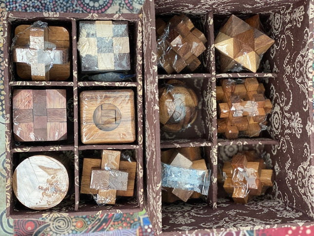 12 Puzzle Brain teaser interlocking wooden Puzzle set in a Deluxe Gift Box -for kids or adults.