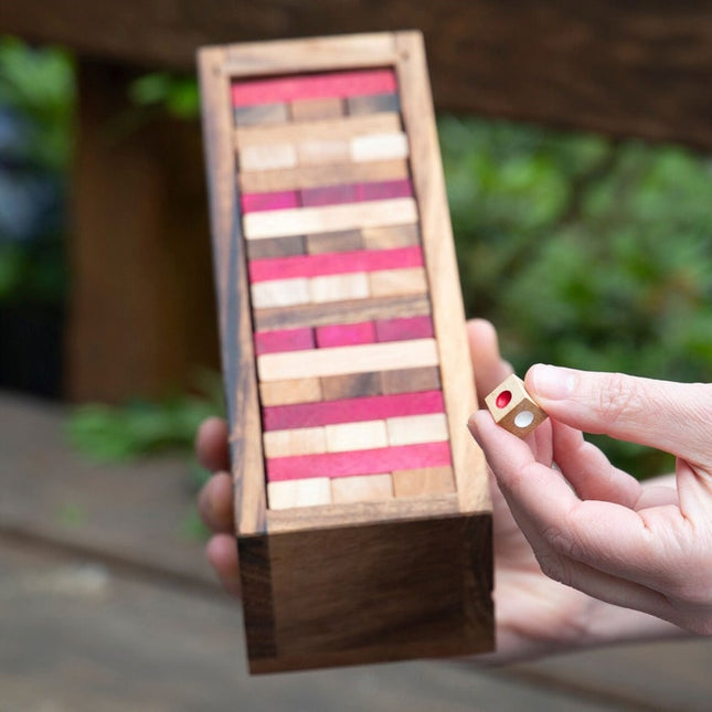 Stacking tumbling blocks wood Red colours balance game with dice play options handmade stacking Fun Board Games Kids Ages 4 to Adults.