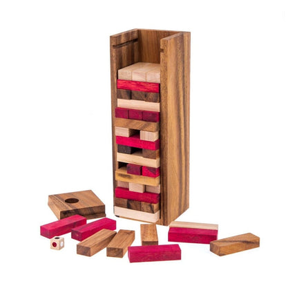 Stacking tumbling blocks wood Red colours balance game with dice play options handmade stacking Fun Board Games Kids Ages 4 to Adults.