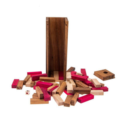 Stacking tumbling blocks wood Red colours balance game with dice play options handmade stacking Fun Board Games Kids Ages 4 to Adults.