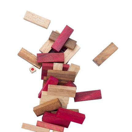 Stacking tumbling blocks wood Red colours balance game with dice play options handmade stacking Fun Board Games Kids Ages 4 to Adults.