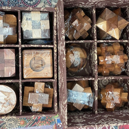 12 unique hand made wooden Puzzles in a Deluxe Gift Box Set-for kids or adults.