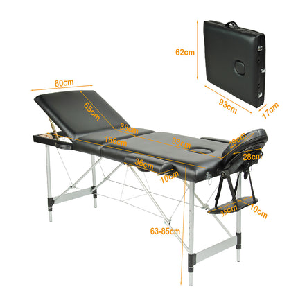 YES4HOMES Black 3 Fold Portable Aluminium Massage Table Massage Bed Beauty Therapy.