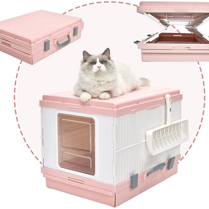 YES4PETS XL Portable Cat Toilet Litter Box Tray Foldable House with Handle and Scoop Pink.