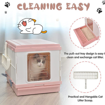 YES4PETS XL Portable Cat Toilet Litter Box Tray Foldable House with Handle and Scoop Pink.