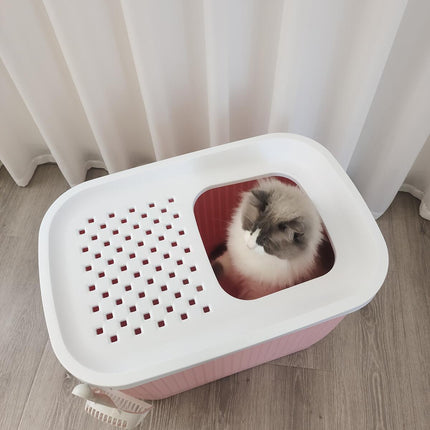 YES4PETS XXL Top Entry Cat Litter Box No Mess Large Enclosed Covered Kitty Tray Pink.