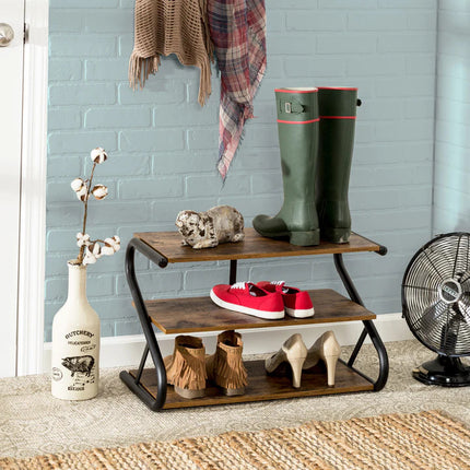 Matte Black Frame Rustic Wood 3-Tier Medium Shoe Rack Shelf Stand Storage Organizer.