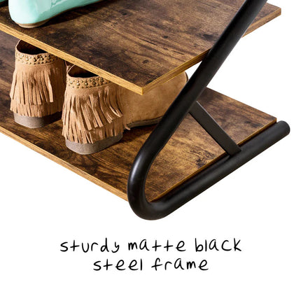 Matte Black Frame Rustic Wood 3-Tier Medium Shoe Rack Shelf Stand Storage Organizer.