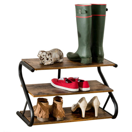 Matte Black Frame Rustic Wood 3-Tier Medium Shoe Rack Shelf Stand Storage Organizer.
