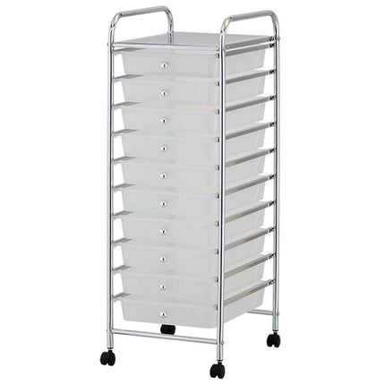 White Plastic Storage10 Tier with Metal Trolley Shelf and Slide-Out Drawers.