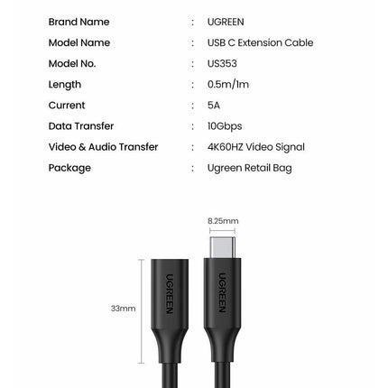 UGREEN 10387 USB-C Extension Cable 1M.