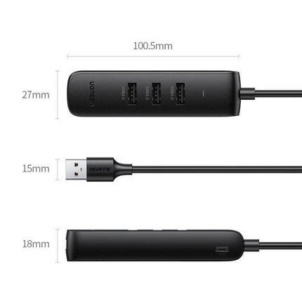 UGREEN 20984 USB 2.0 to 3 x USB2.0 with RJ45 (100Mbps) Ethernet Adapter (Black).