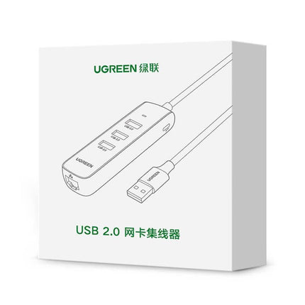 UGREEN 20984 USB 2.0 to 3 x USB2.0 with RJ45 (100Mbps) Ethernet Adapter (Black).