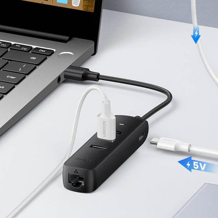 UGREEN 20984 USB 2.0 to 3 x USB2.0 with RJ45 (100Mbps) Ethernet Adapter (Black).