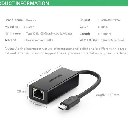UGREEN 30287 USB-C 10/100Mbps Ethernet Adapter.