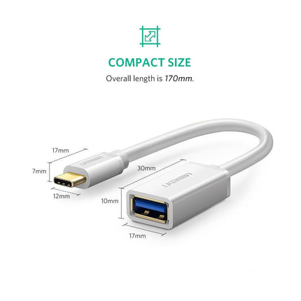 UGREEN USB Type-C Male to USB 3.0 Type A Female OTG Cable - White 15CM (30702).