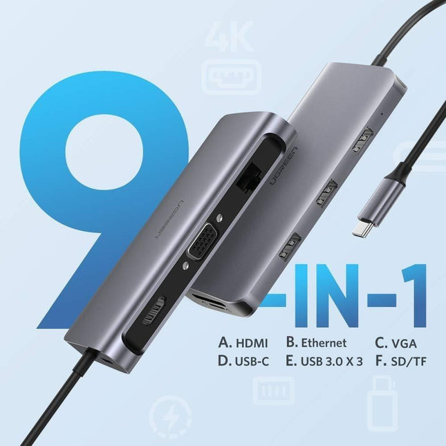 UGREEN Type C 9 in 1 Multifunction Adapter- HDMI/ VGA/Gigabit/TypeC/USB3.0 x 3/SD/TF (40873).