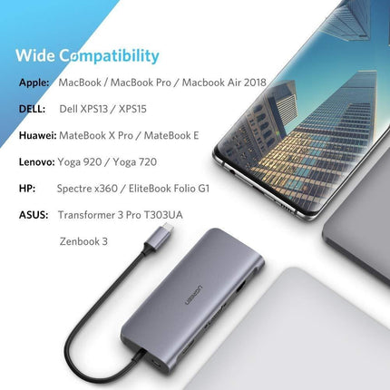 UGREEN Type C 9 in 1 Multifunction Adapter- HDMI/ VGA/Gigabit/TypeC/USB3.0 x 3/SD/TF (40873).