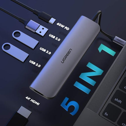 UGREEN TypeC 5 in 1 Adaptor - HDMI + USB 3.0*3 + TypeC PD Power Converter (50209).