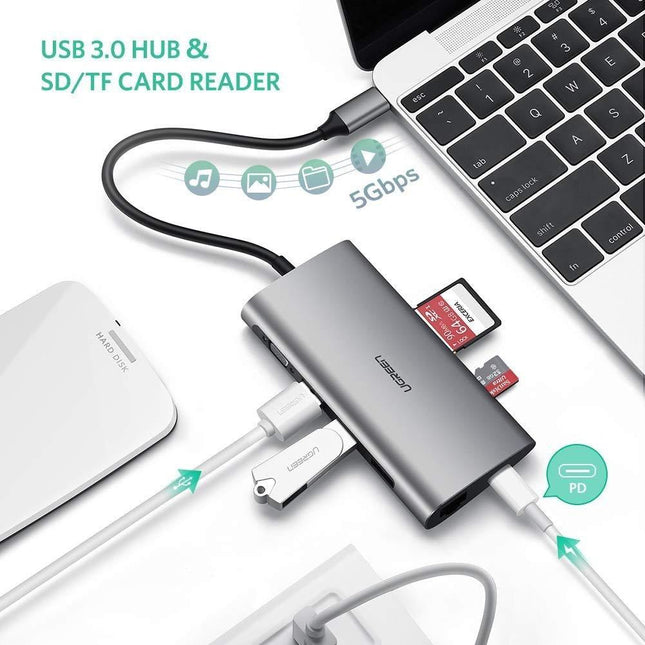 UGREEN Type C 8 in 1 Multifultion adaptor VGA/RJ45/USB3.0 x 3/SD/TF/TypeC PD Protocal (50539).
