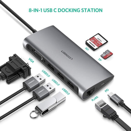 UGREEN Type C 8 in 1 Multifultion adaptor VGA/RJ45/USB3.0 x 3/SD/TF/TypeC PD Protocal (50539).